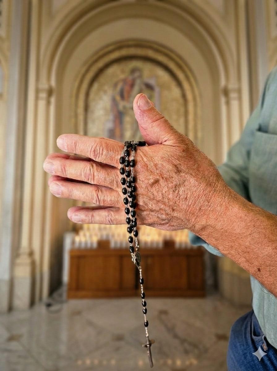 A rosary held in hand inside St. Joseph Basilica, with the altar and a sacred image behind.